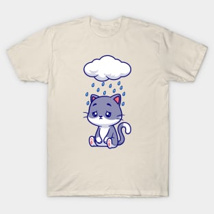 Cute Sad Cat Sitting Under Rain Cloud Cartoon T-Shirt